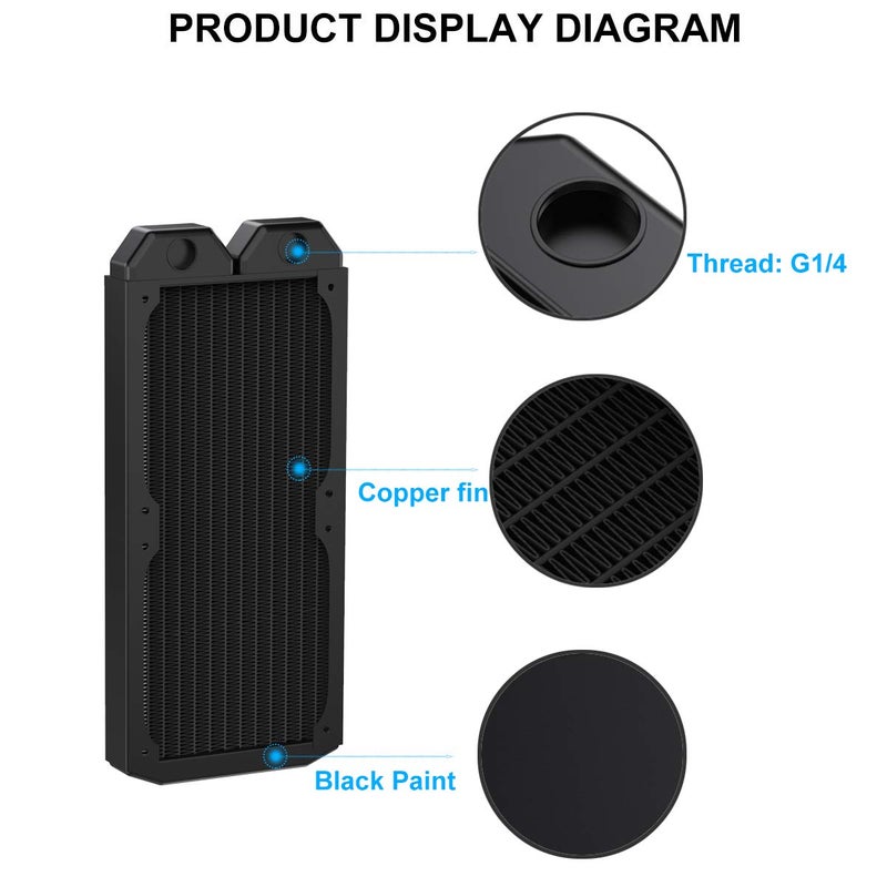 DIYhz Water Cooling Computer Radiator, 12 Pipe Thick Copper Heat Exchanger Liquid Cooling Radiator G1/4 Thread Heat Row Sink 240mm for CPU PC Laser Water Cool System DC12V Black - Image 3